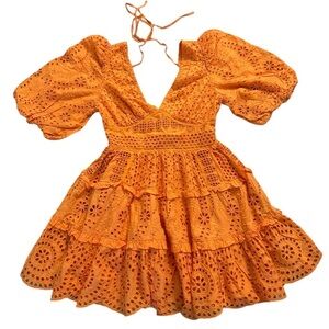 Women’s Orange Eyelet V-Neck Balloon Sleeve Midi Flare Dress Size 10 GUC